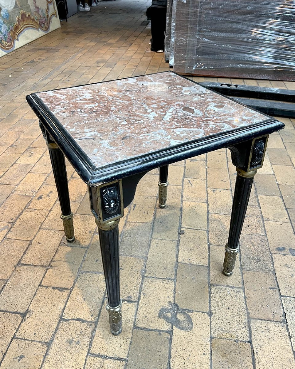 A Molded And Carved Wooden Table Lacquered Black And Gold, With A Square Marble Top-photo-2