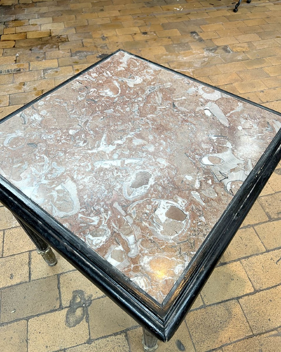 A Molded And Carved Wooden Table Lacquered Black And Gold, With A Square Marble Top-photo-1