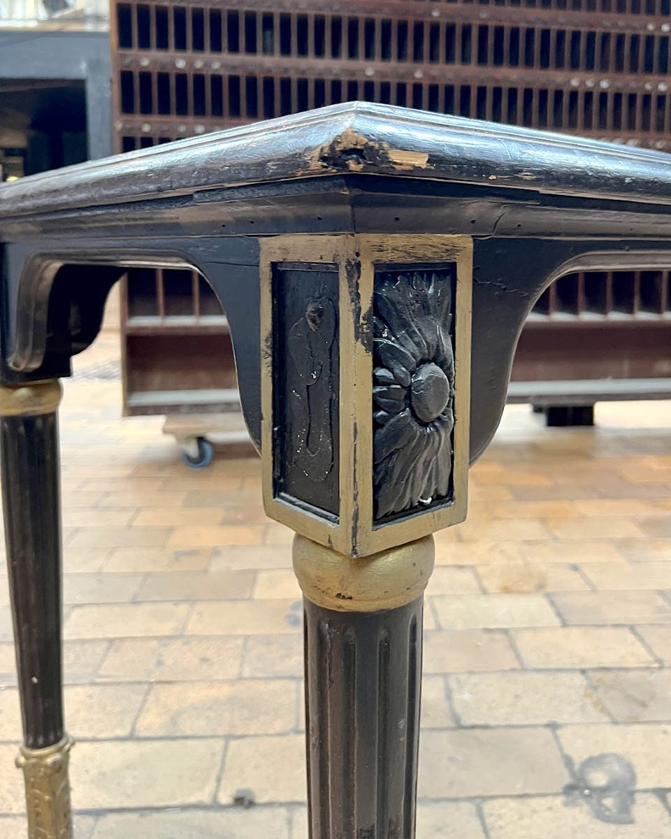 A Molded And Carved Wooden Table Lacquered Black And Gold, With A Square Marble Top-photo-3
