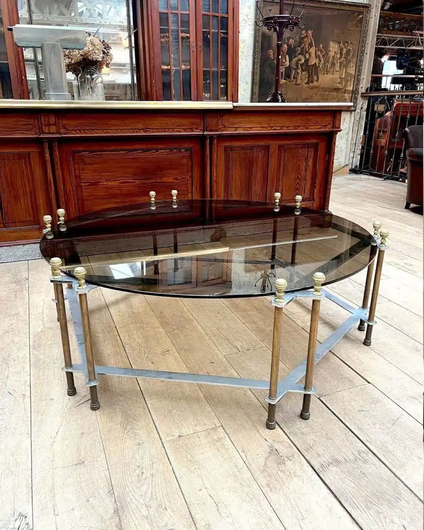 Circular Coffee Table In Smoked Glass And Gilded Bronze-photo-4