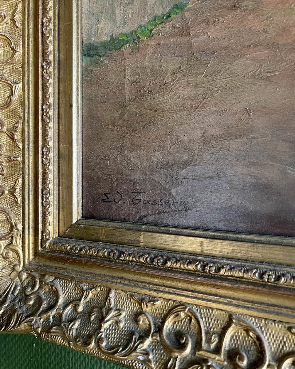 Paire de peintures de scènes de village, huiles sur toile, encadrements dorés sculptés-photo-1