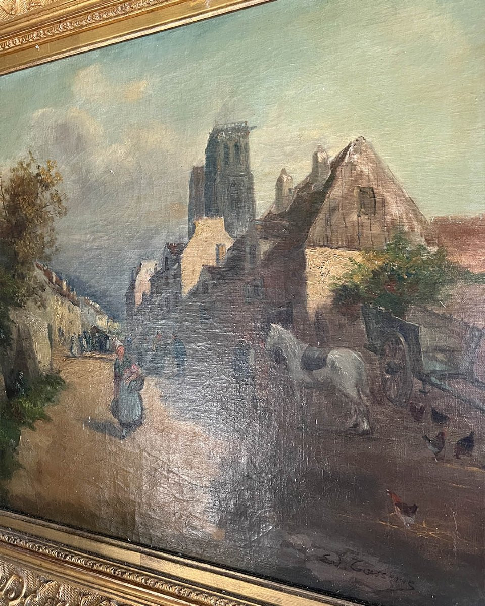 Paire de peintures de scènes de village, huiles sur toile, encadrements dorés sculptés-photo-6