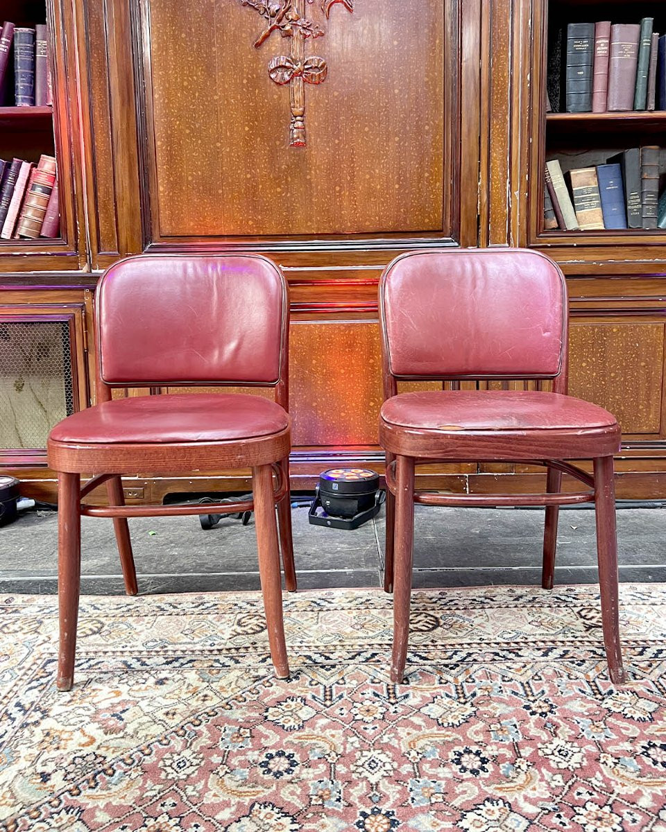 Set Of Art Deco Chairs In Curved Wood And Red Leather-photo-2