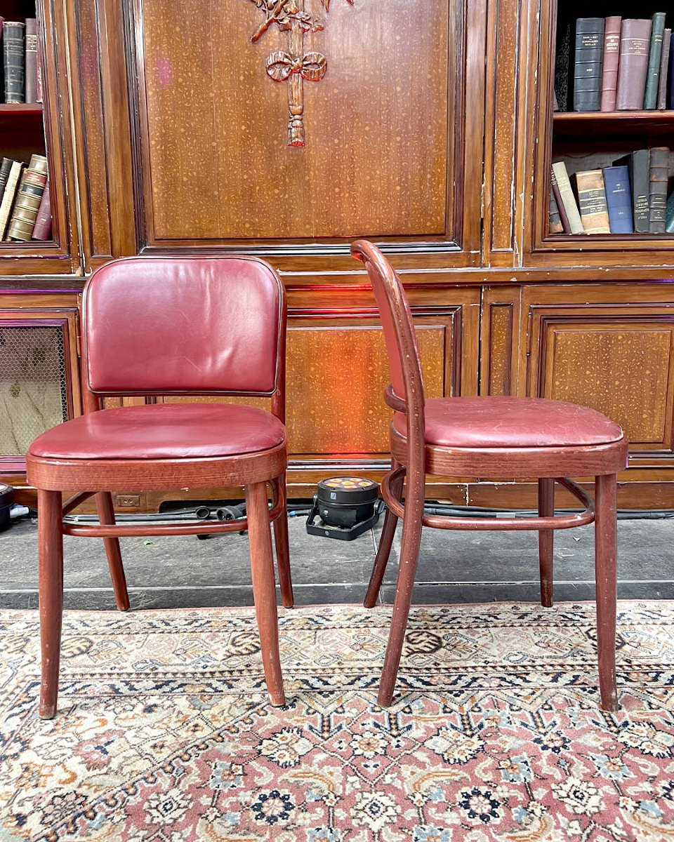 Set Of Art Deco Chairs In Curved Wood And Red Leather-photo-3