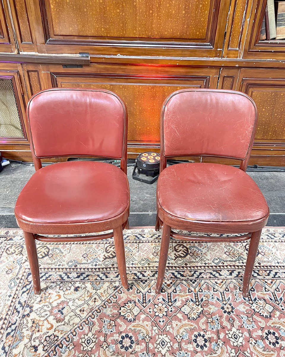 Set Of Art Deco Chairs In Curved Wood And Red Leather-photo-4