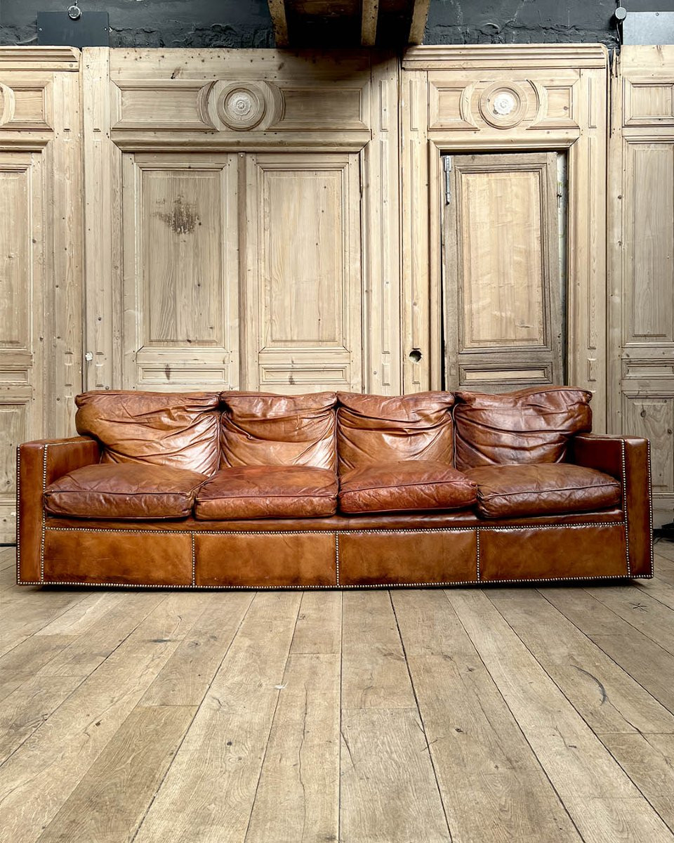 4-seater Sofa In Studded Full-grain Leather, Single-panel Back And Feather Cushions-photo-2
