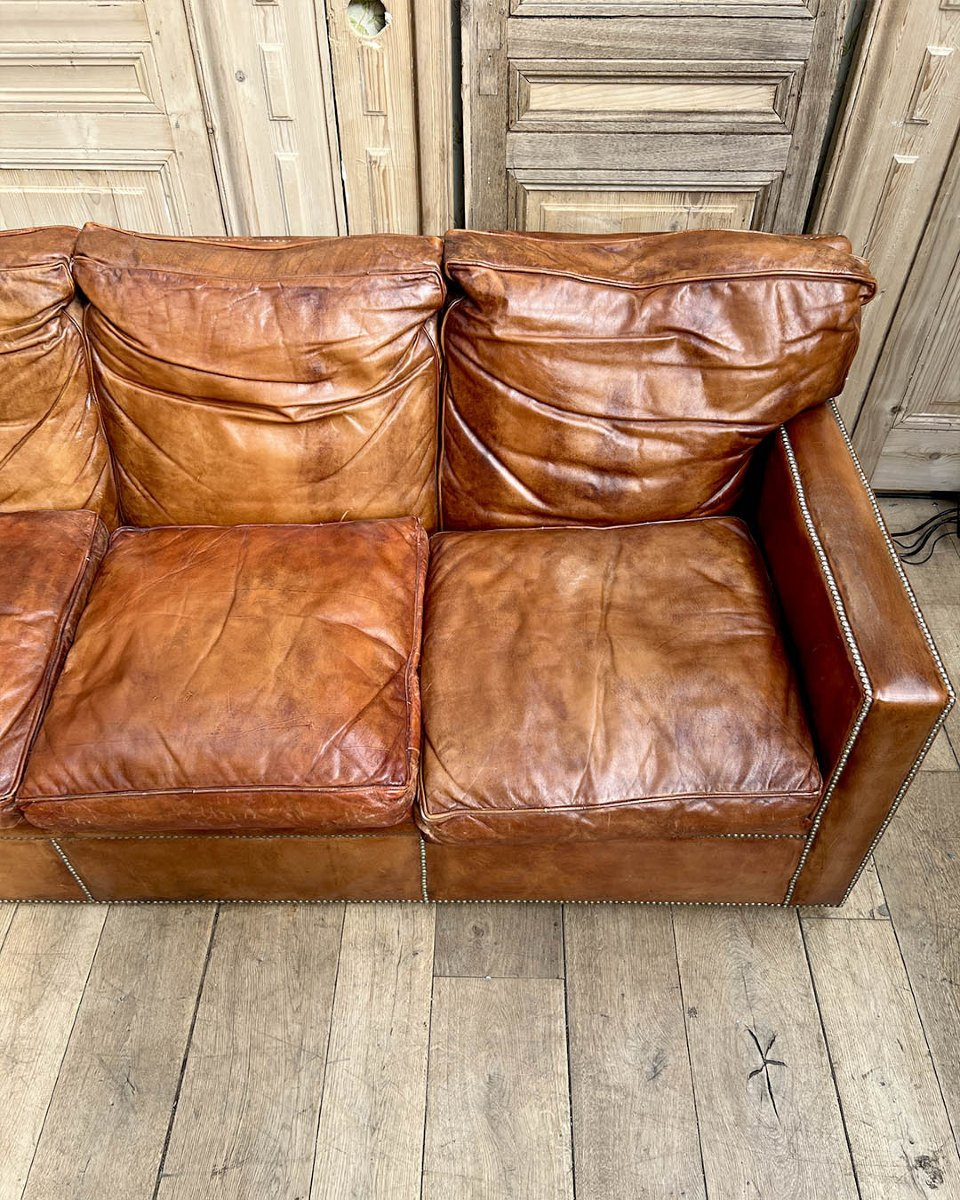 4-seater Sofa In Studded Full-grain Leather, Single-panel Back And Feather Cushions-photo-2