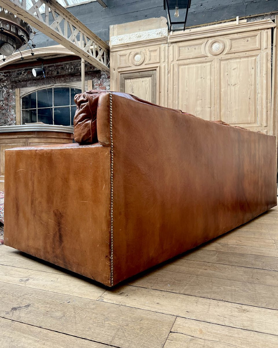 4-seater Sofa In Studded Full-grain Leather, Single-panel Back And Feather Cushions-photo-8