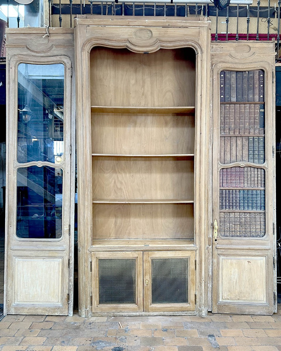 Oak Bookcase With Glass Doors And Central Niche