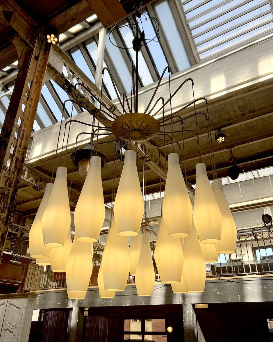 Metal Chandelier With Opaline Glass Suspensions