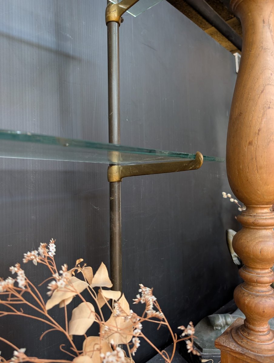Belle époque-style Bar Bookcase In Oak, Black Marble, And Glass — Includes 2 Wall Sconces-photo-3