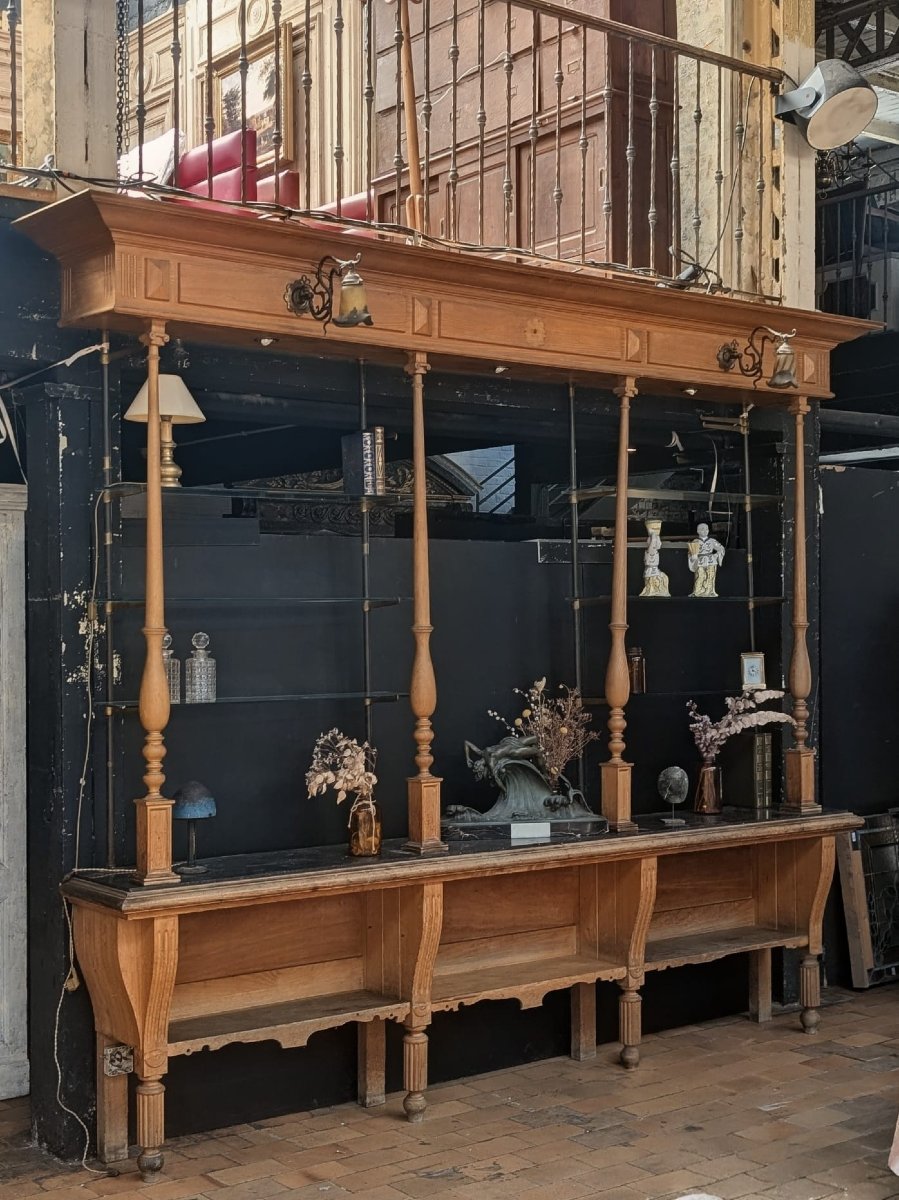 Belle époque-style Bar Bookcase In Oak, Black Marble, And Glass — Includes 2 Wall Sconces