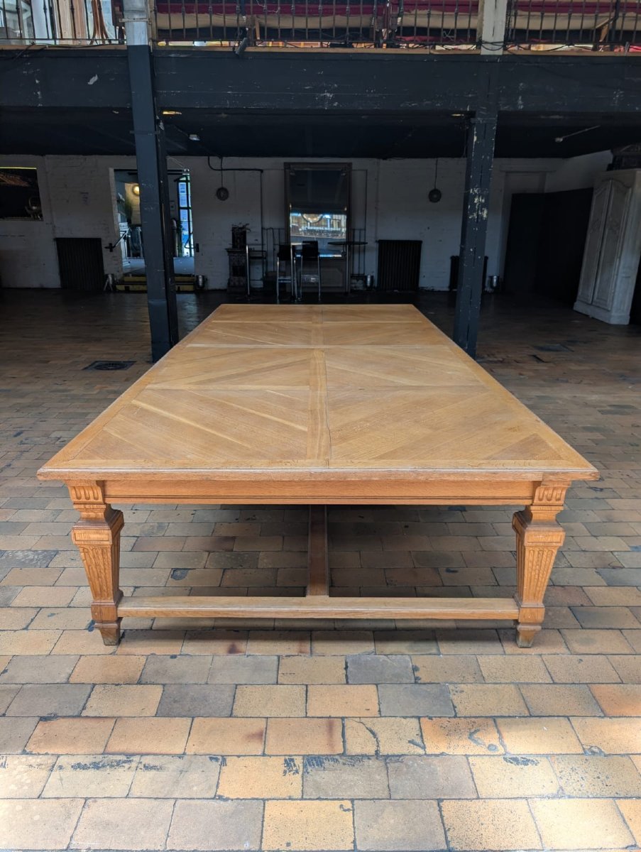 Grande table de conférence chêne marqueterie géométrique Banque de France — 398 × 180 cm-photo-4
