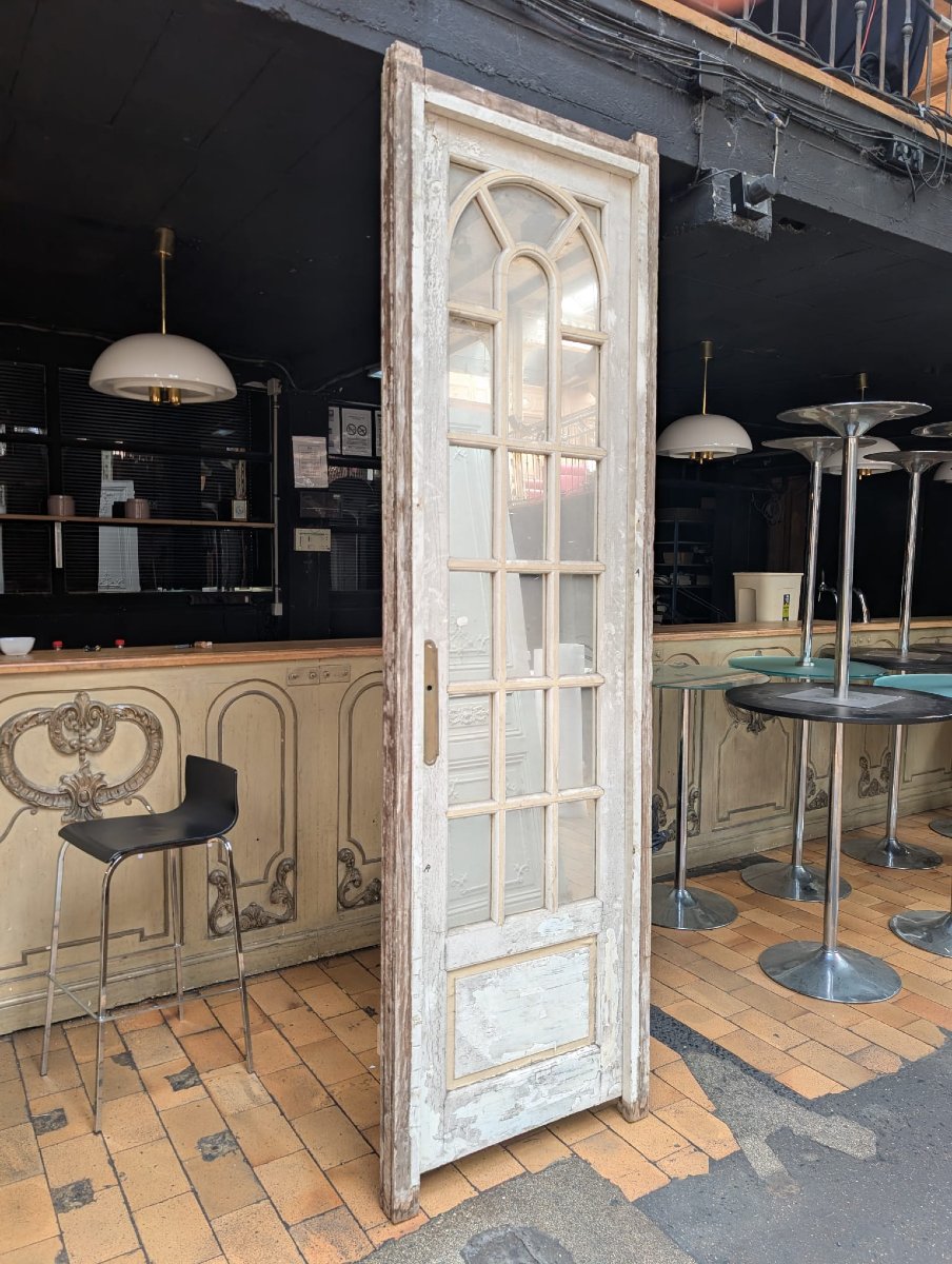 Porte miroir ancienne à bâti, petits bois néogothiques