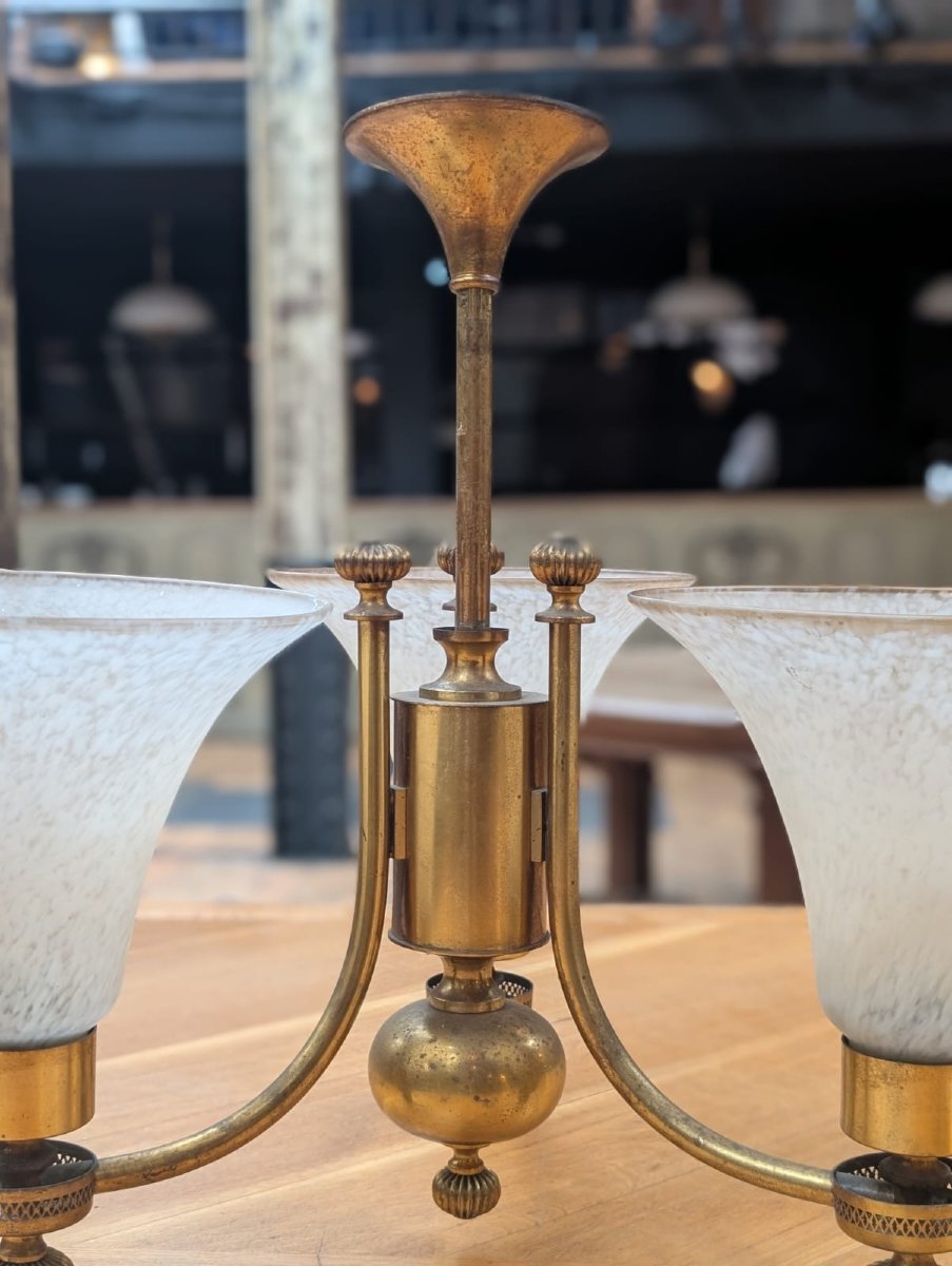 Paire de lustres anciens laiton 3 bras tulipes verre marbré — style Belle Époque-photo-2