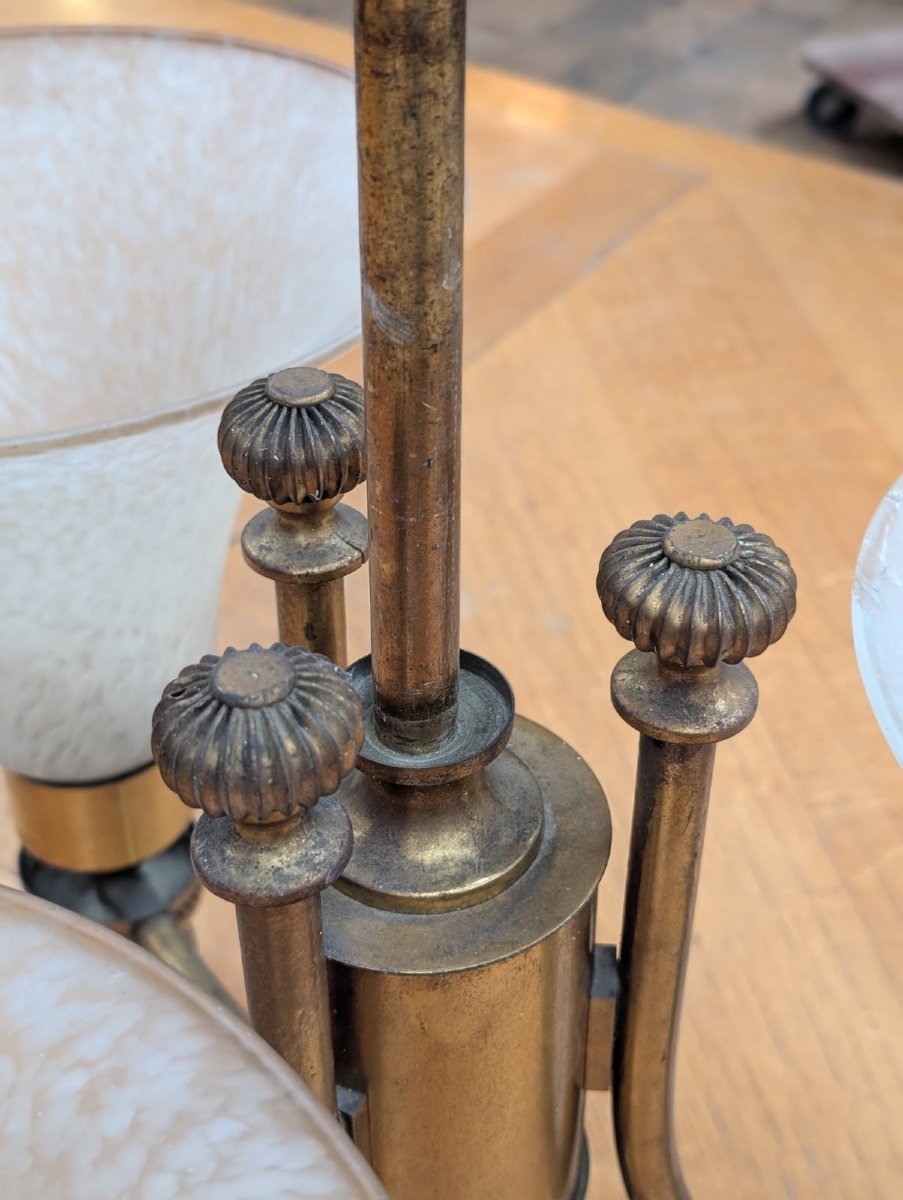 Paire de lustres anciens laiton 3 bras tulipes verre marbré — style Belle Époque-photo-3