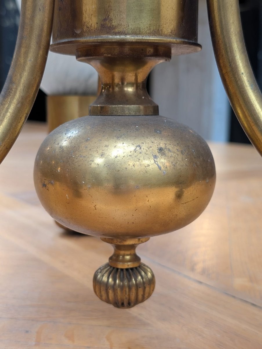 Paire de lustres anciens laiton 3 bras tulipes verre marbré — style Belle Époque-photo-4