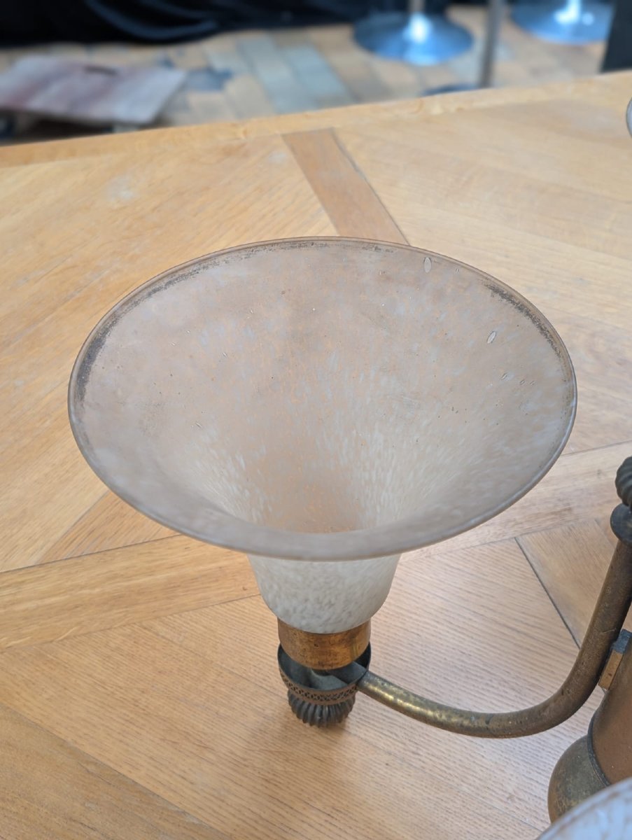 Paire de lustres anciens laiton 3 bras tulipes verre marbré — style Belle Époque-photo-1