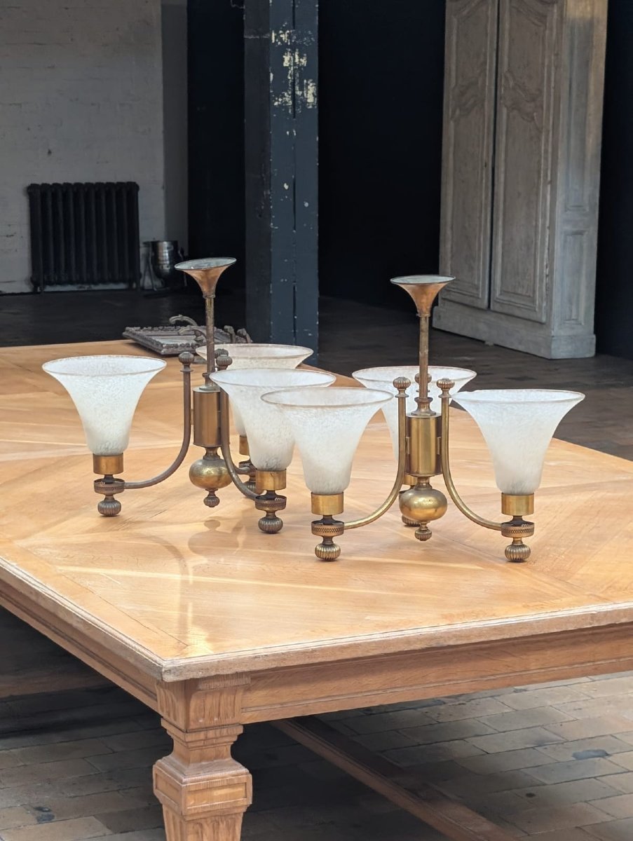 Paire de lustres anciens laiton 3 bras tulipes verre marbré — style Belle Époque-photo-6