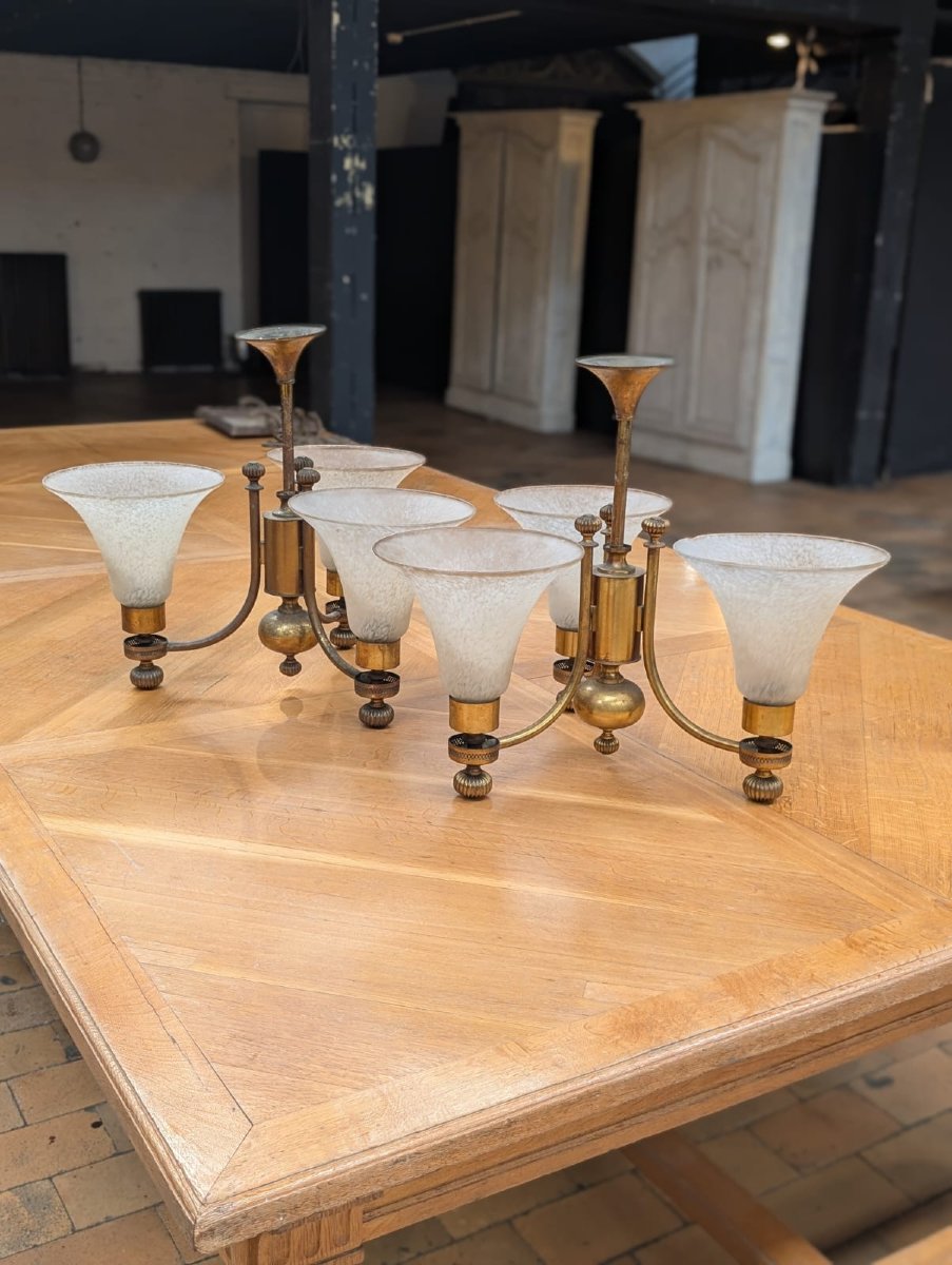 Paire de lustres anciens laiton 3 bras tulipes verre marbré — style Belle Époque