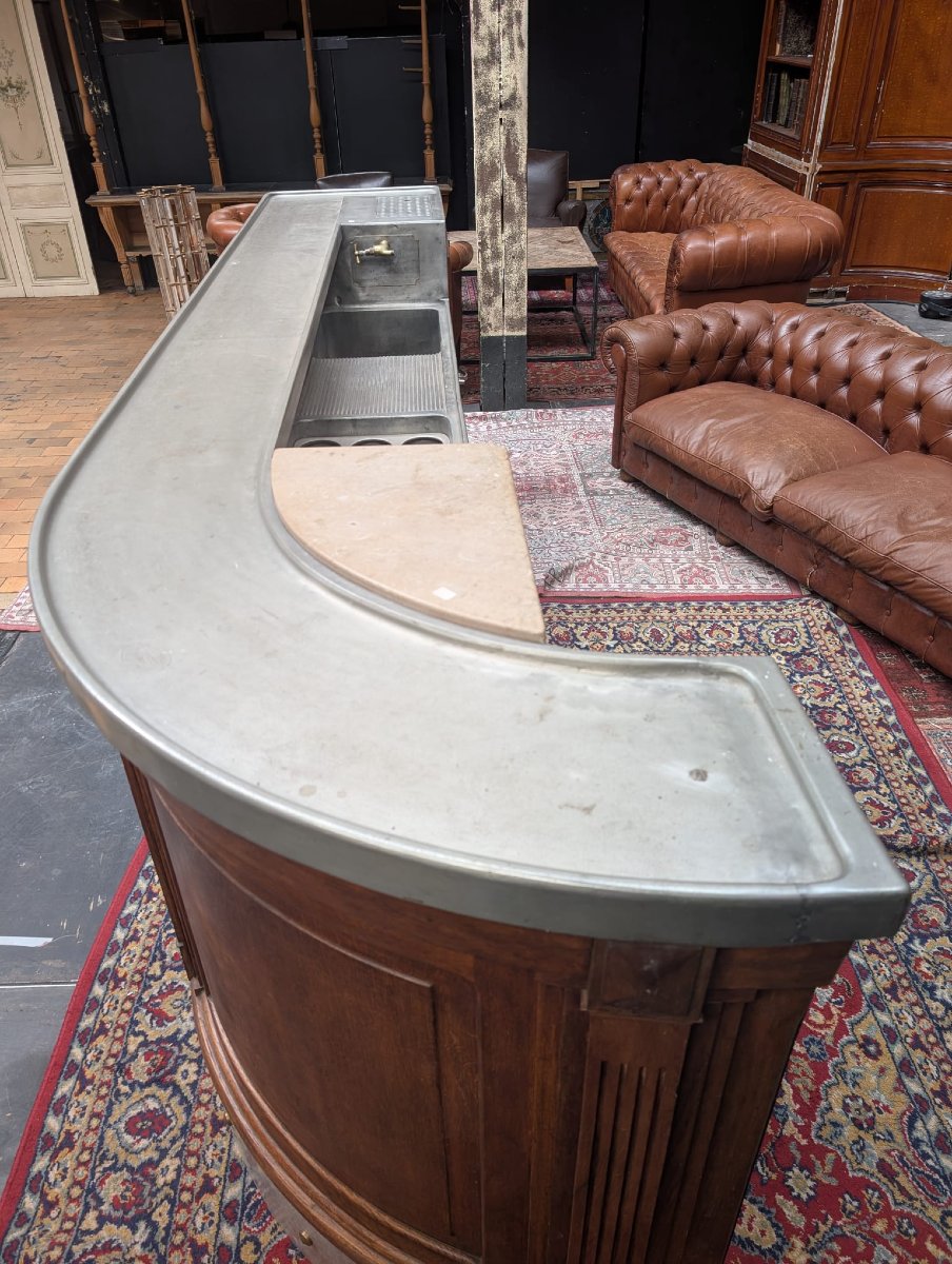 Comptoir de bar Belle Époque en chêne moulurré, plateau zinc étamé complet — J. Lescure Paris-photo-1