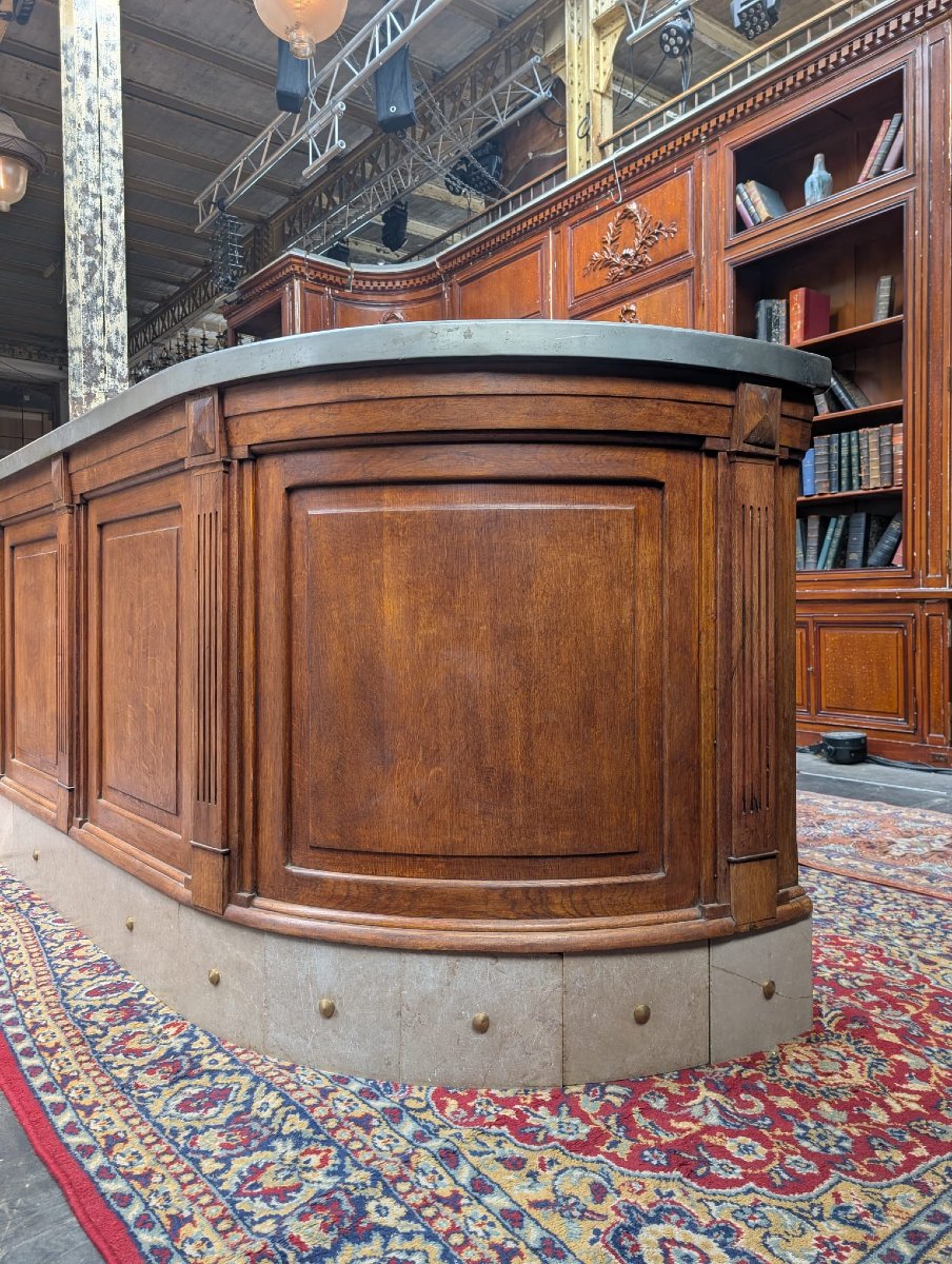 Comptoir de bar Belle Époque en chêne moulurré, plateau zinc étamé complet — J. Lescure Paris-photo-6