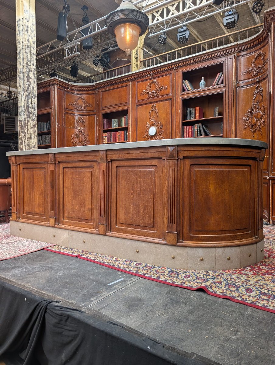 Comptoir de bar Belle Époque en chêne moulurré, plateau zinc étamé complet — J. Lescure Paris-photo-8