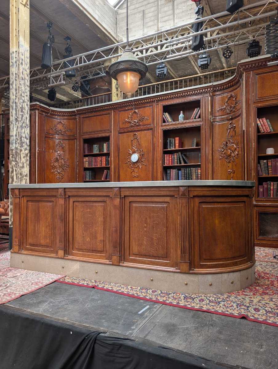 Comptoir de bar Belle Époque en chêne moulurré, plateau zinc étamé complet — J. Lescure Paris