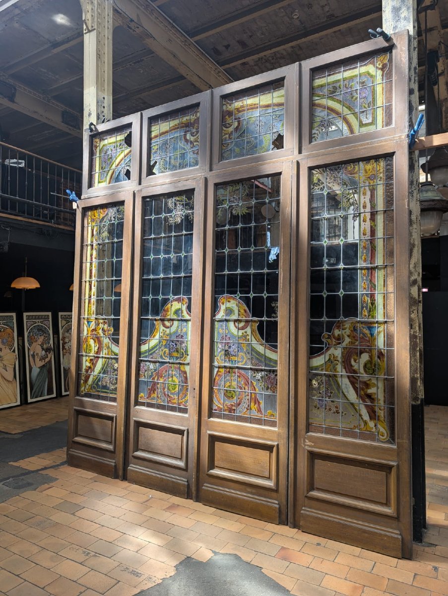 Quadriptyque de vitraux Art nouveau avec son imposte, vers 1900-photo-2