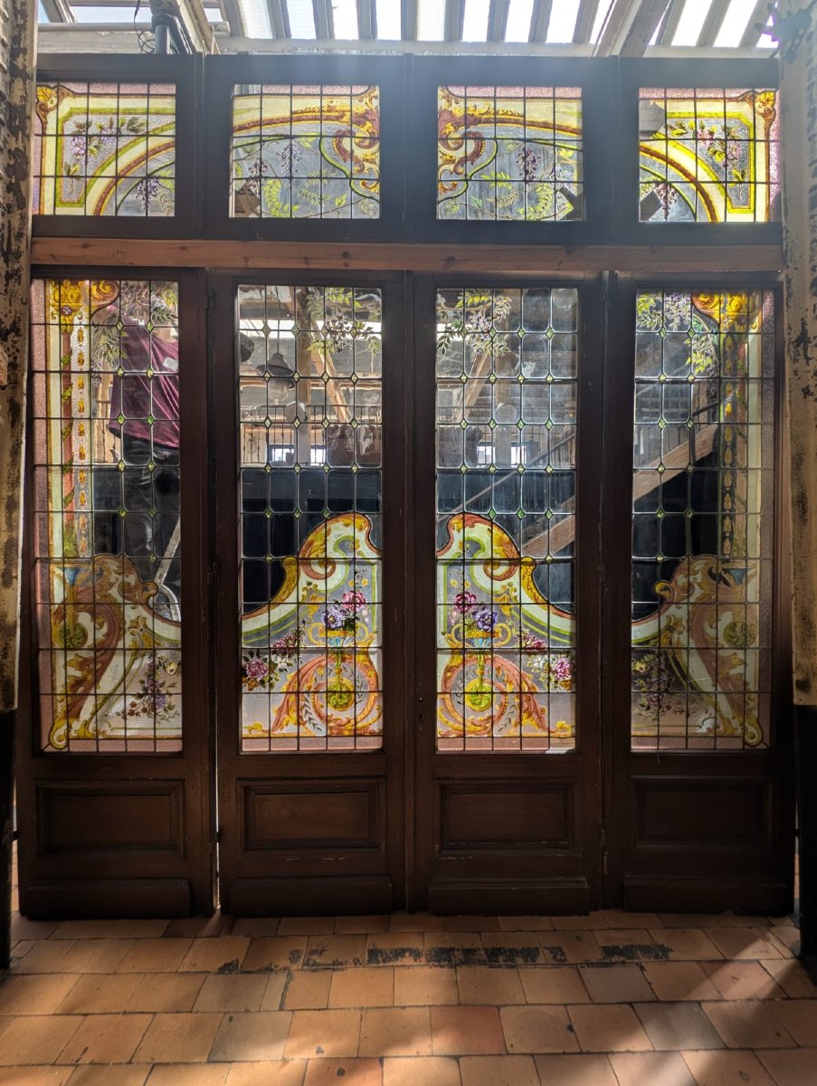 Quadriptyque de vitraux Art nouveau avec son imposte, vers 1900-photo-3