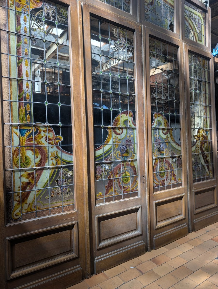 Quadriptyque de vitraux Art nouveau avec son imposte, vers 1900-photo-4