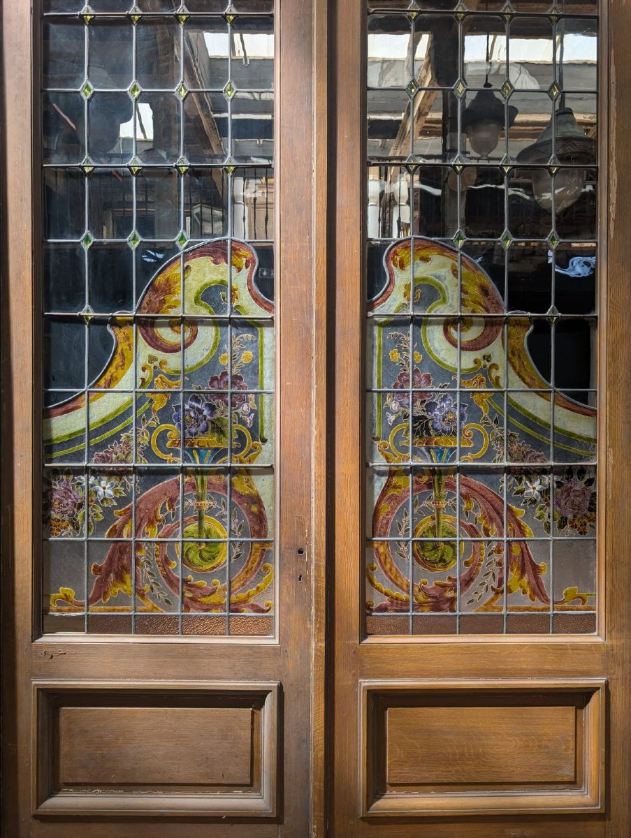 Quadriptyque de vitraux Art nouveau avec son imposte, vers 1900-photo-1