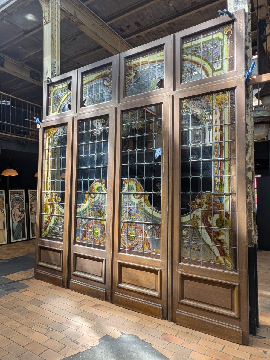 Quadriptyque de vitraux Art nouveau avec son imposte, vers 1900-photo-5