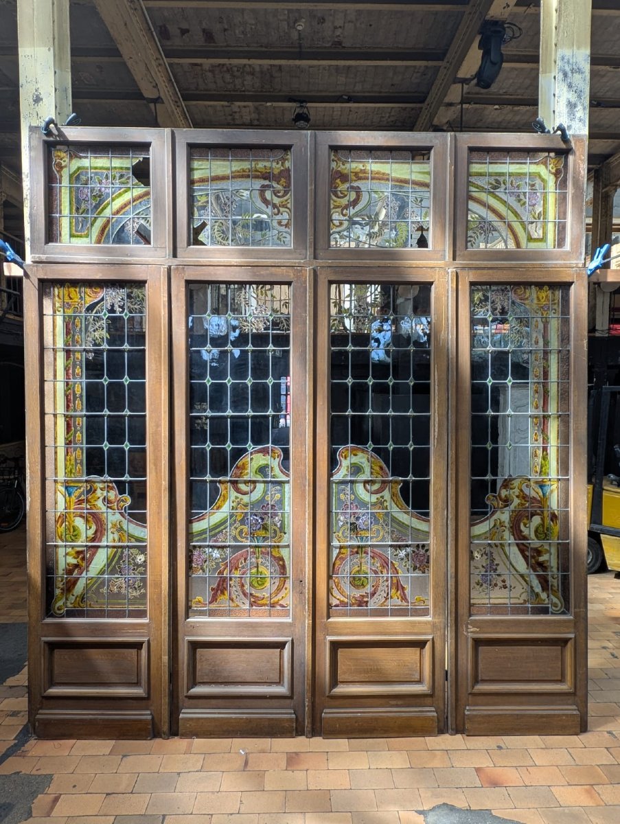 Quadriptyque de vitraux Art nouveau avec son imposte, vers 1900