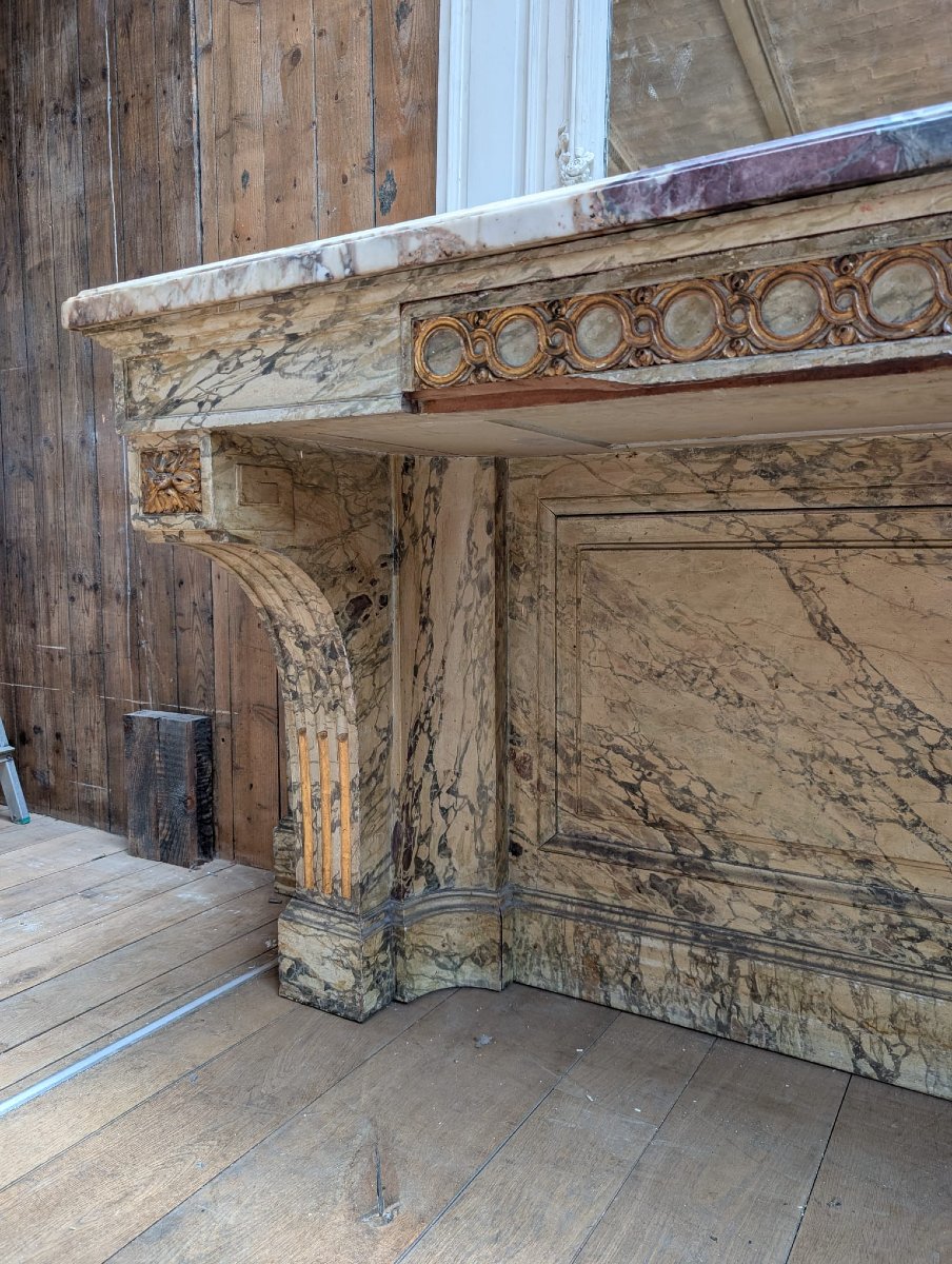 Louis XVI-style Console Table In Wood Painted To Look Like Marble, With A Marble Top-photo-2