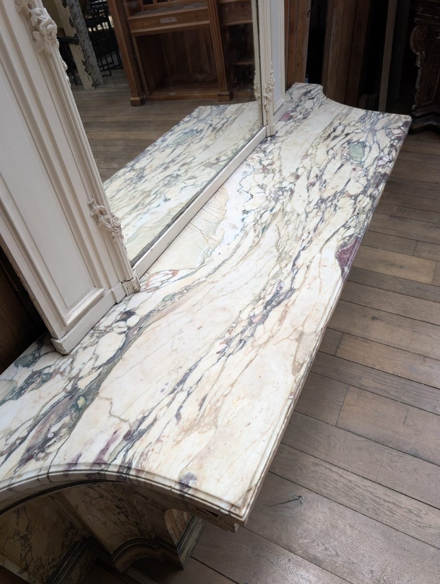 Louis XVI-style Console Table In Wood Painted To Look Like Marble, With A Marble Top-photo-3
