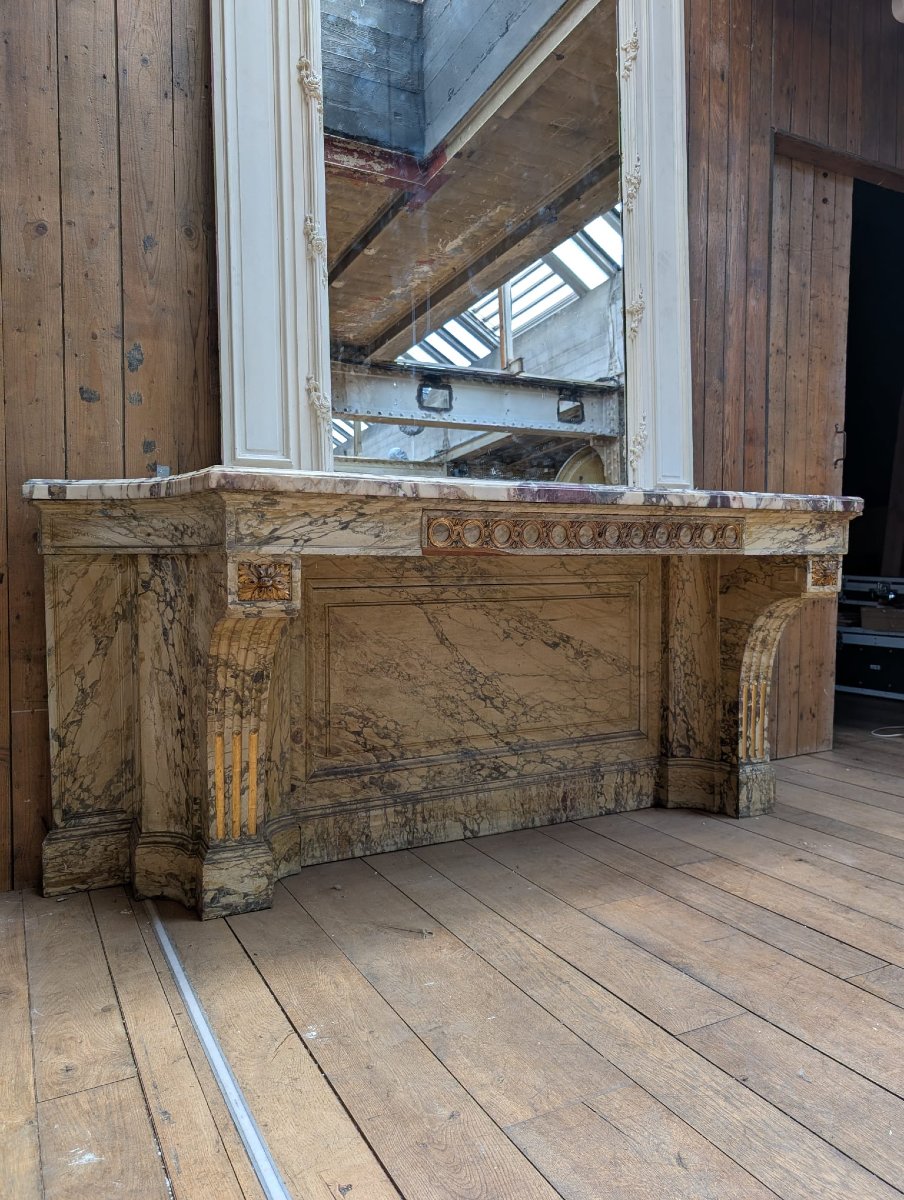 Louis XVI-style Console Table In Wood Painted To Look Like Marble, With A Marble Top-photo-2