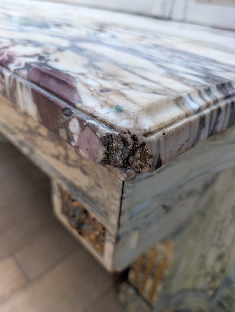 Louis XVI-style Console Table In Wood Painted To Look Like Marble, With A Marble Top-photo-5