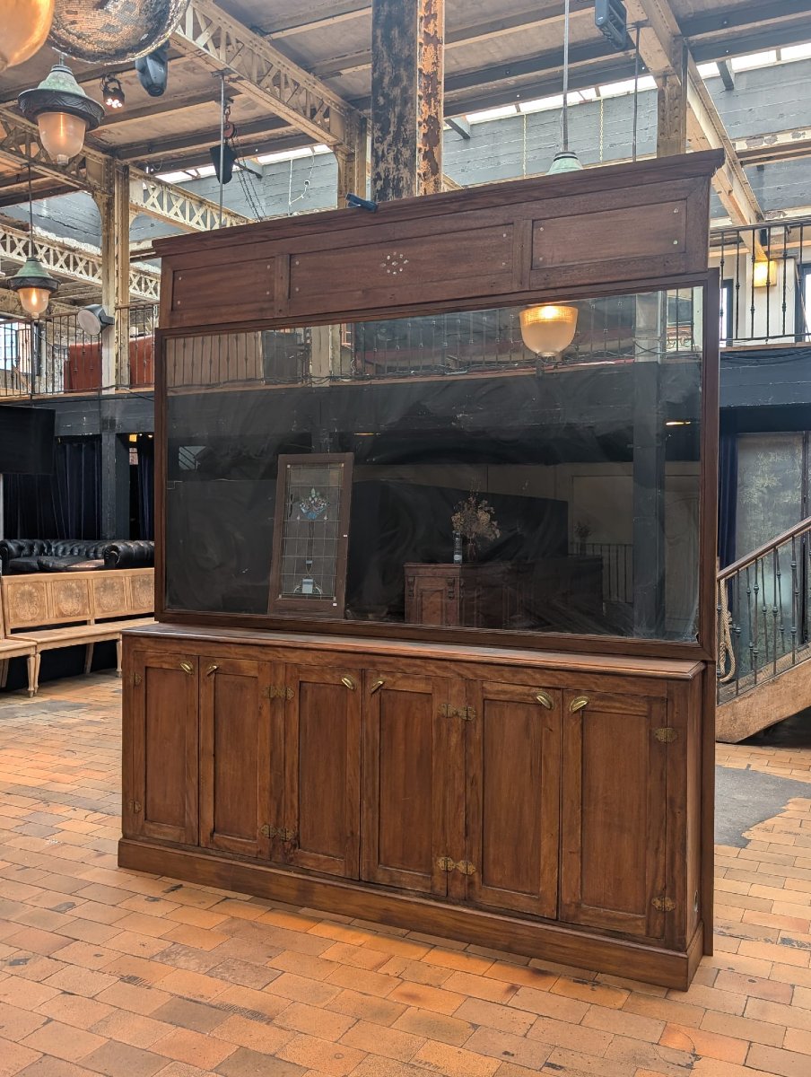 Antique Wooden Bar Back, With A Tall Glass Section (circa 1950), 254 X 285 X 30 Cm