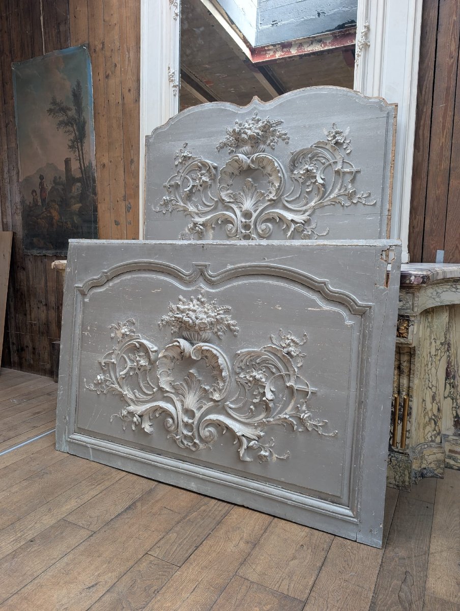 Pair Of Louis XV Transom Windows Made Of Carved Wood With Rocaille Decoration, 150 X 101 Cm