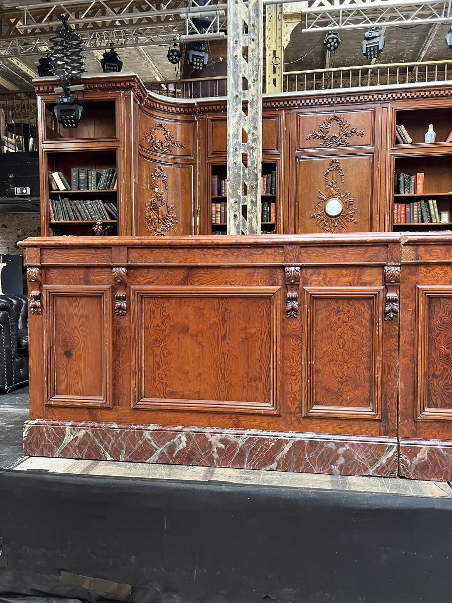 Large Antique Wooden Bar Counter With Faux-marble Base — Early 20th Century, 65 X 112 X 574 Cm-photo-2