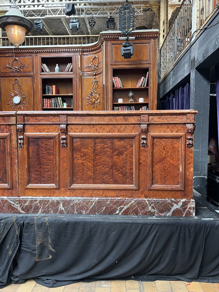 Large Antique Wooden Bar Counter With Faux-marble Base — Early 20th Century, 65 X 112 X 574 Cm-photo-4