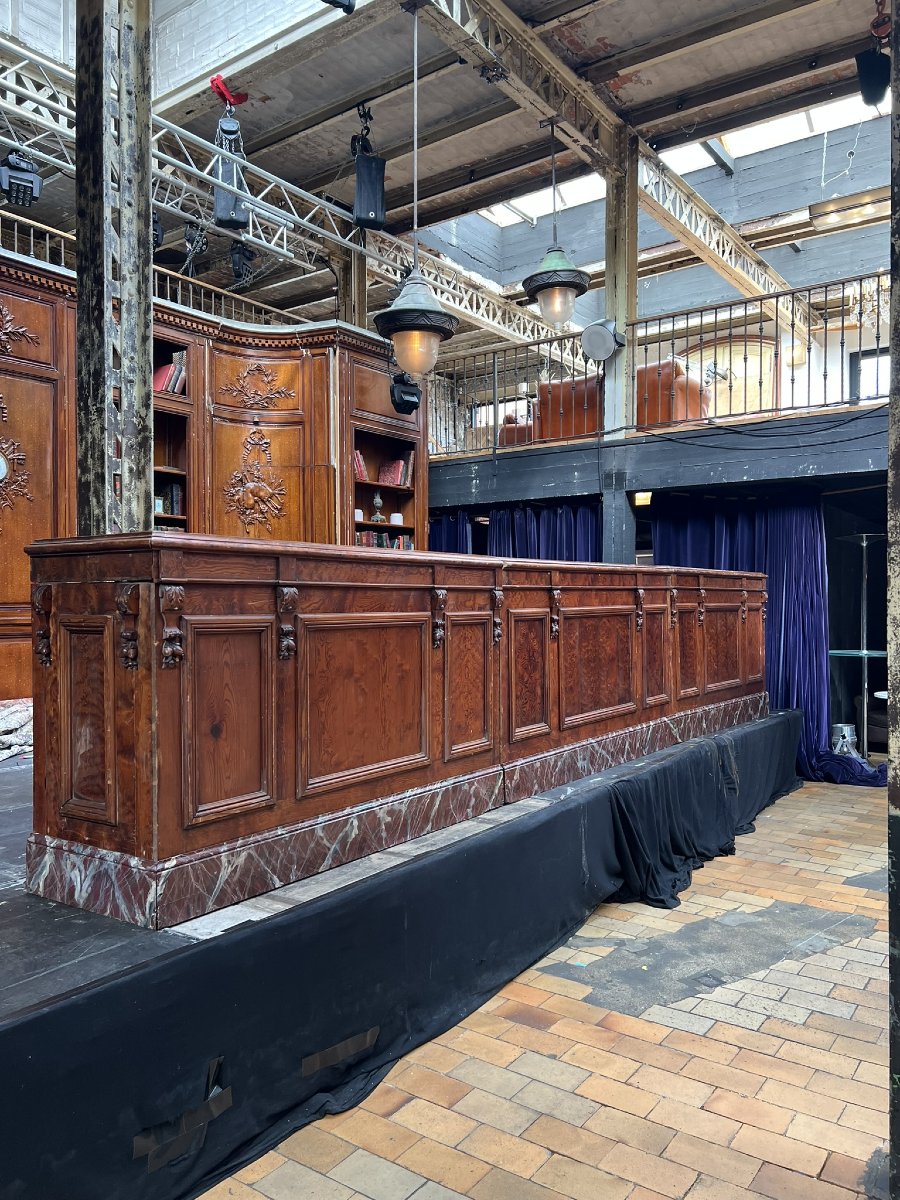 Large Antique Wooden Bar Counter With Faux-marble Base — Early 20th Century, 65 X 112 X 574 Cm-photo-1