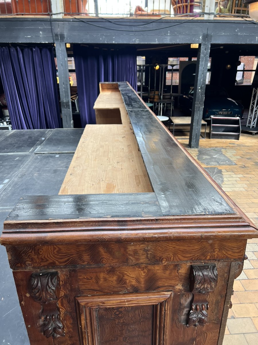 Large Antique Wooden Bar Counter With Faux-marble Base — Early 20th Century, 65 X 112 X 574 Cm-photo-2
