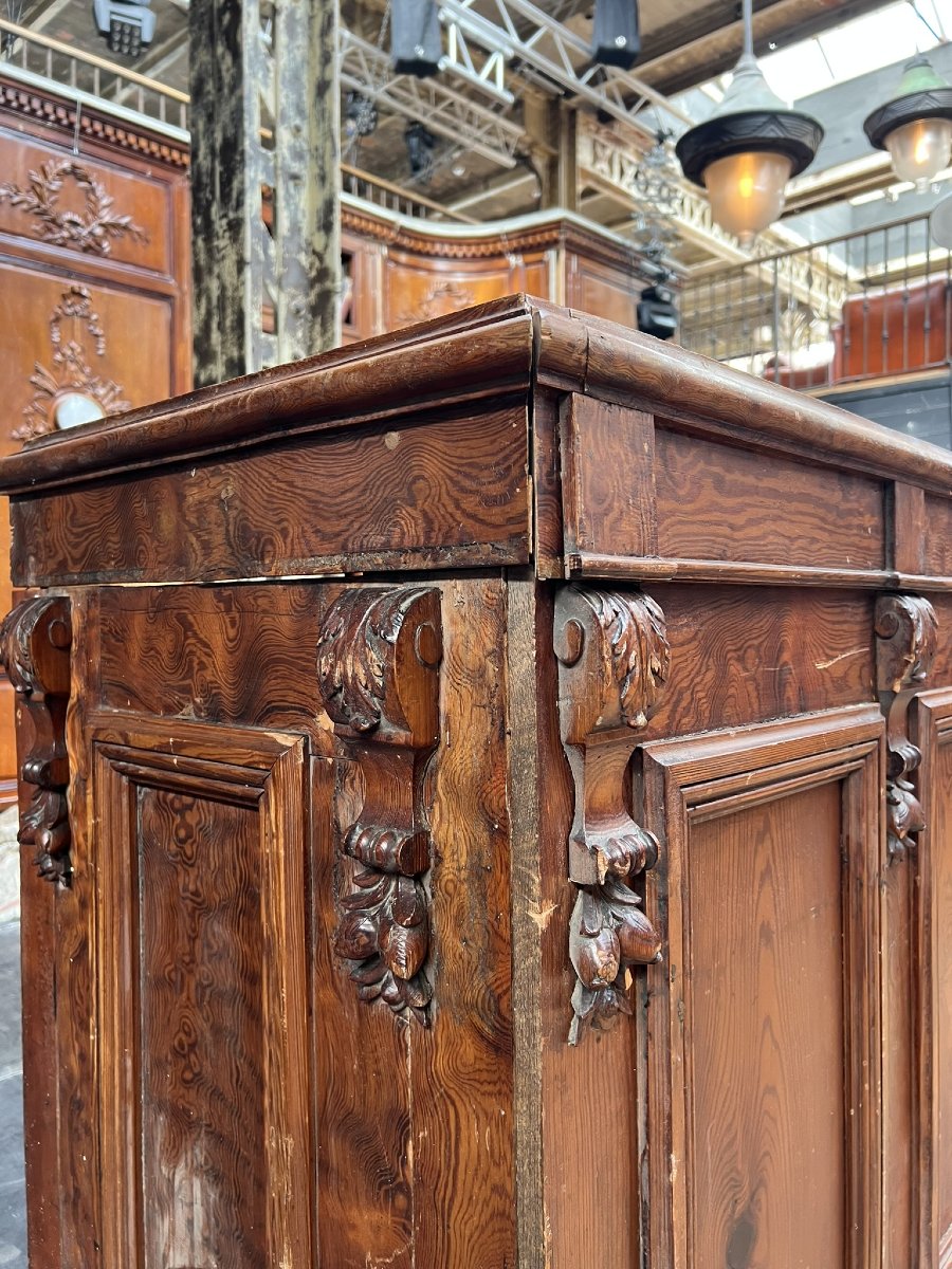 Large Antique Wooden Bar Counter With Faux-marble Base — Early 20th Century, 65 X 112 X 574 Cm-photo-3