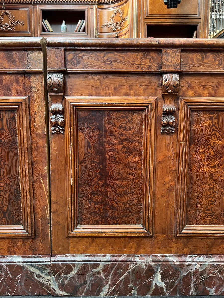 Large Antique Wooden Bar Counter With Faux-marble Base — Early 20th Century, 65 X 112 X 574 Cm-photo-5