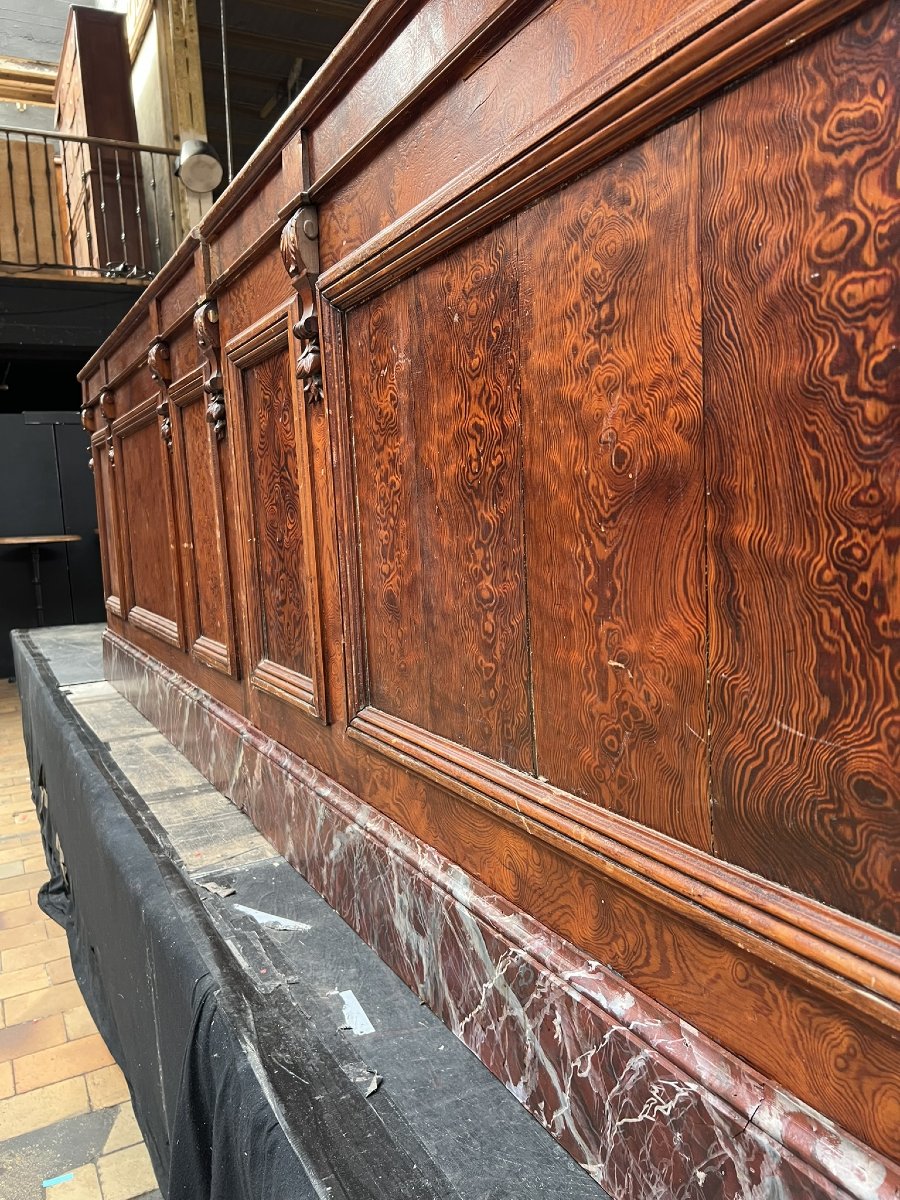 Large Antique Wooden Bar Counter With Faux-marble Base — Early 20th Century, 65 X 112 X 574 Cm-photo-7