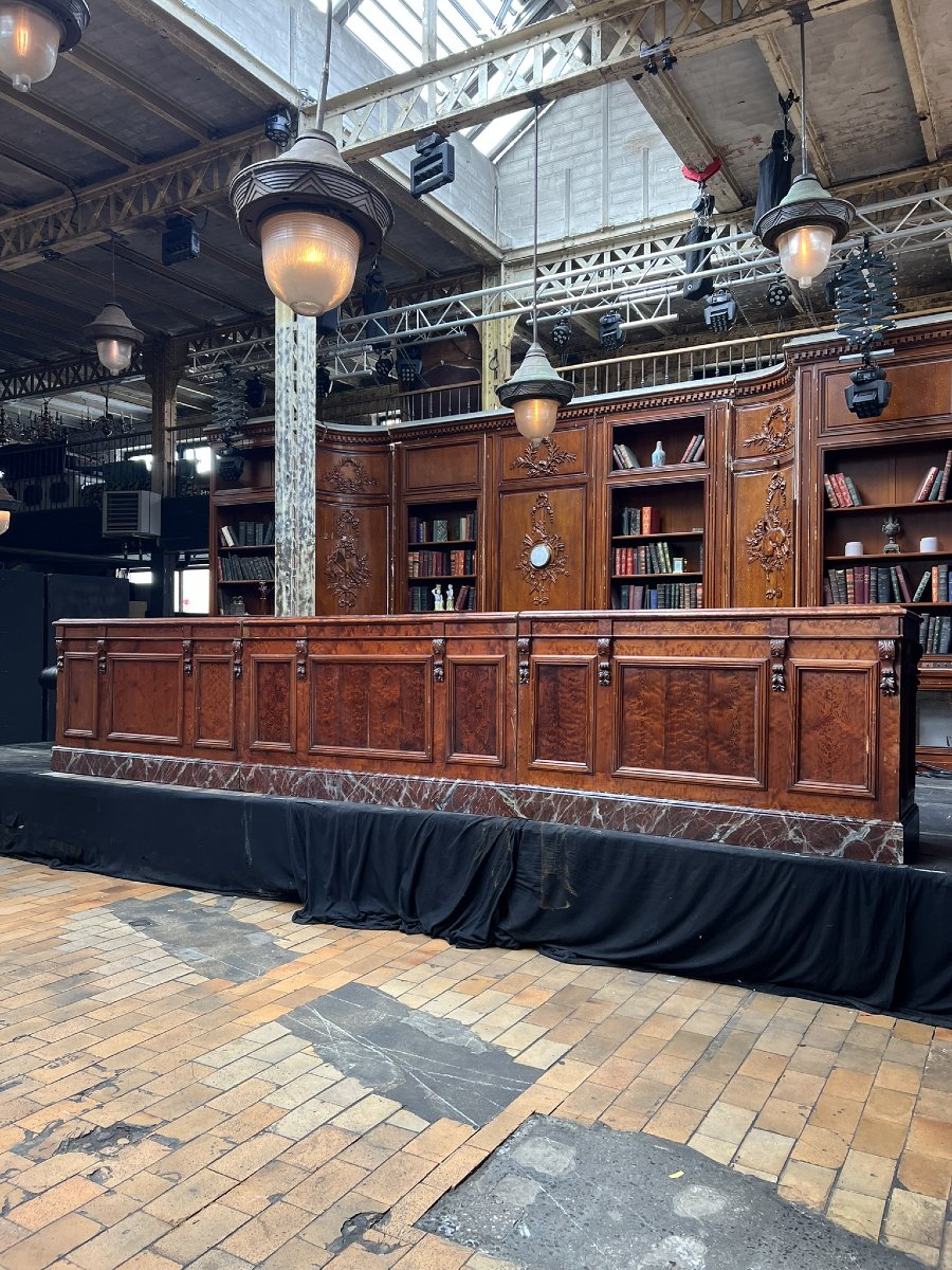 Large Antique Wooden Bar Counter With Faux-marble Base — Early 20th Century, 65 X 112 X 574 Cm