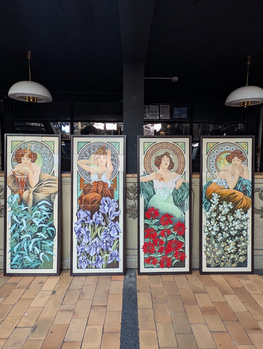 Ensemble de 4 panneaux émaux sur faïence, d’après Mucha « Les Pierres précieuses », 65 x 167 cm-photo-2