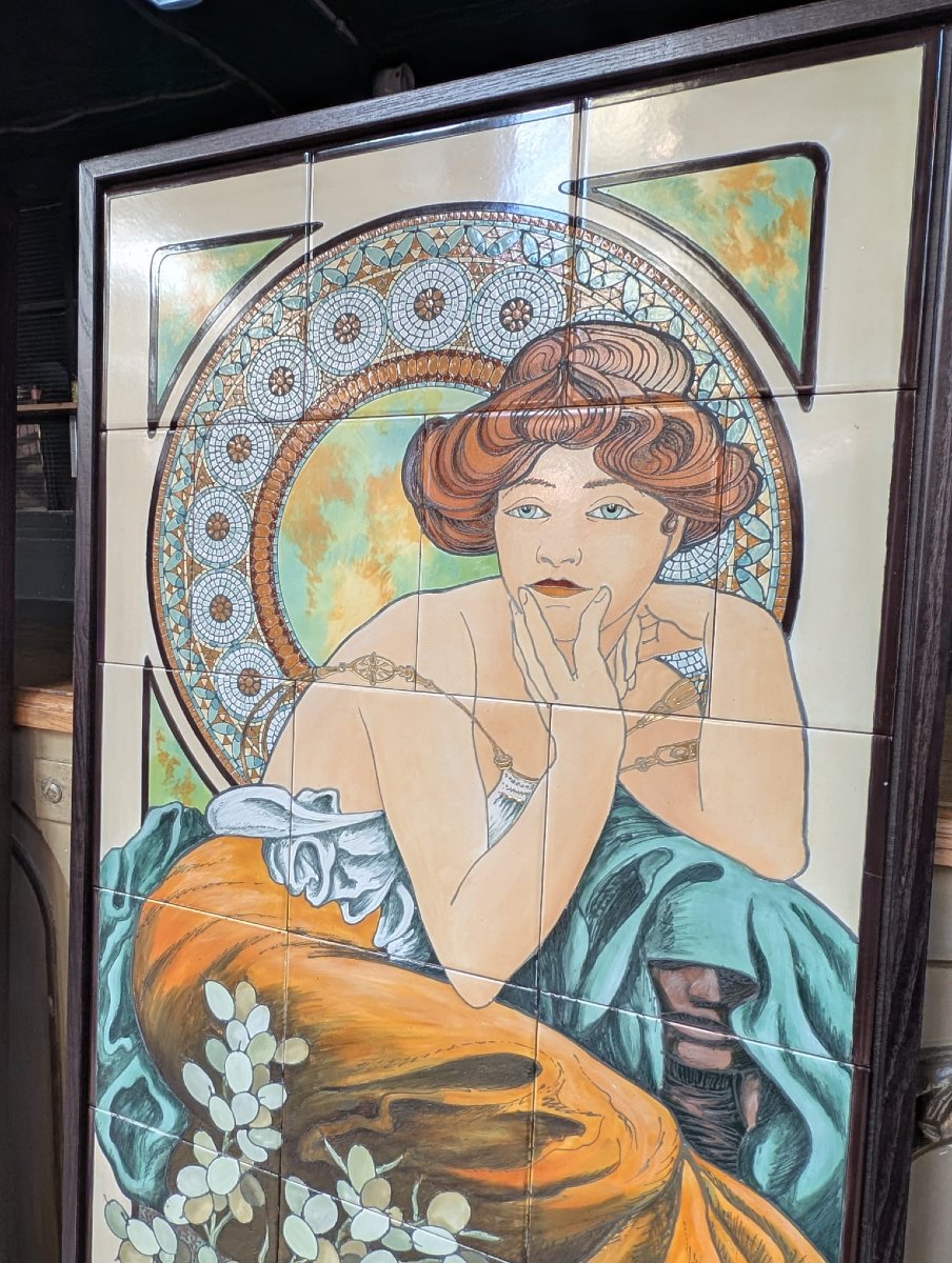 Ensemble de 4 panneaux émaux sur faïence, d’après Mucha « Les Pierres précieuses », 65 x 167 cm-photo-4